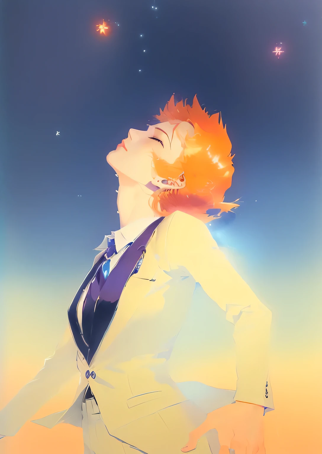 anime image of a woman in a suit and tie with her eyes closed, an anime portrait of david bowie, by Eizan Kikukawa, delicate androgynous prince, orange - haired anime boy, by Kentaro Miura, conrad roset and makoto shinkai, inspired by Yumihiko Amano, ( ( ( yoshinari yoh ) ) )