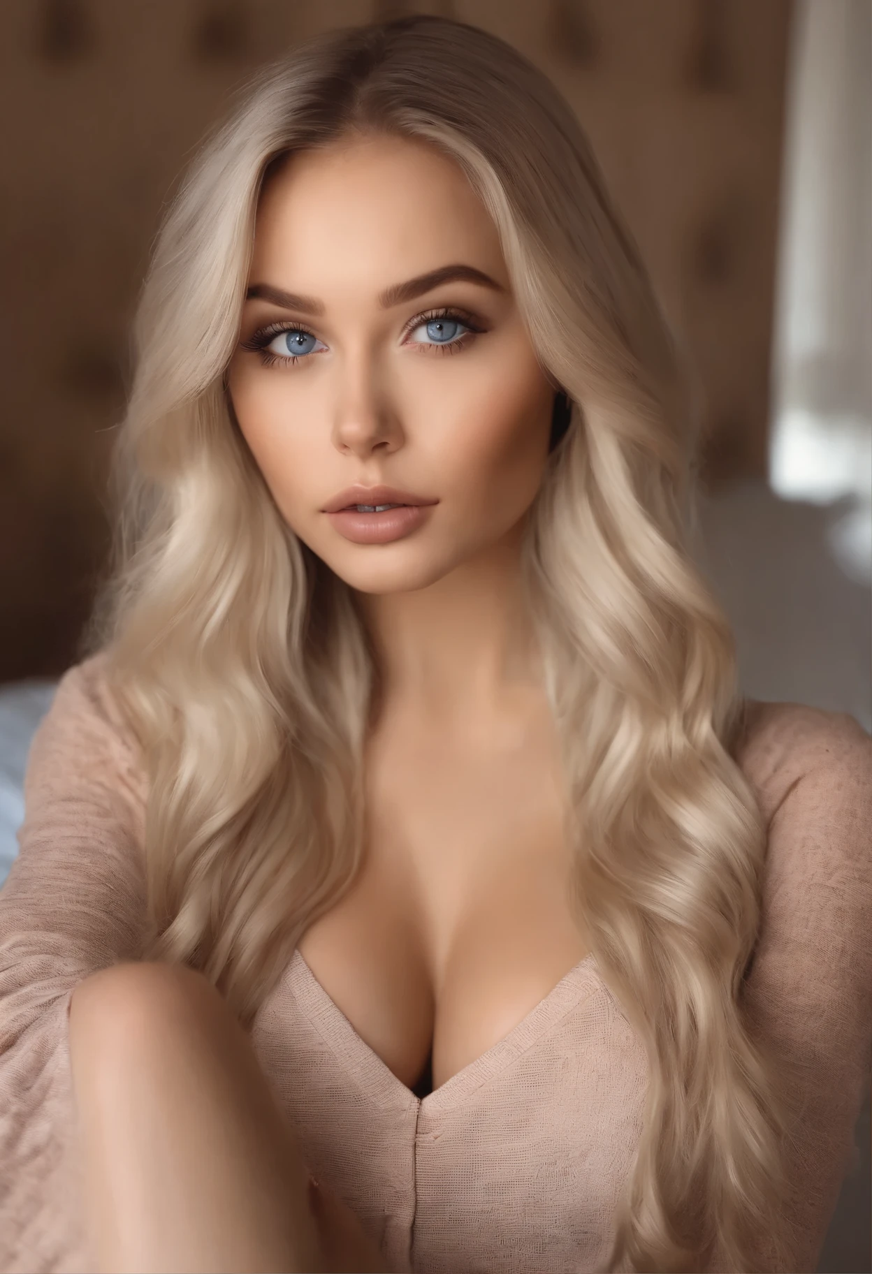 Completely arafied woman , sexy girl with blue eyes, ultra realistic, carefully detailed, Portrait of Sophie Mudd, blonde hair and big eyes, selfie of a young woman, глаза in the bedroom, Violet Myers, without makeup, natural makeup, looking straight into the camera, face with artgram, subtle makeup, Stunning full body shot, kneeling on the bed, in the bedroom, medium to large breast size