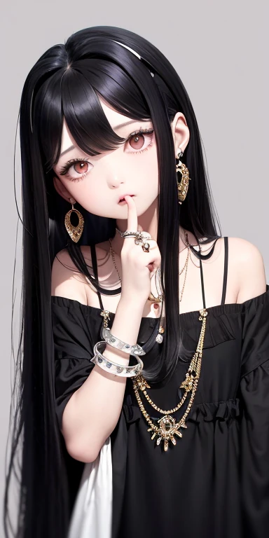 Top quality masterpiece illustrations、Black hair and black eyes、Wearing multiple necklaces、Wearing earrings and rings、Little girl in a white fancy dress looking up、Beautiful face with hair on the side long hair at the angle of the lower body is fair、Bright colors、more details、