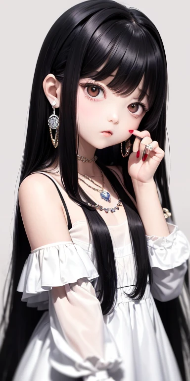 Top quality masterpiece illustrations、Black hair and black eyes、Wearing multiple necklaces、Wearing earrings and rings、Little girl in a white fancy dress looking up、Beautiful face with hair on the side long hair at the angle of the lower body is fair、Bright colors、More hair details、