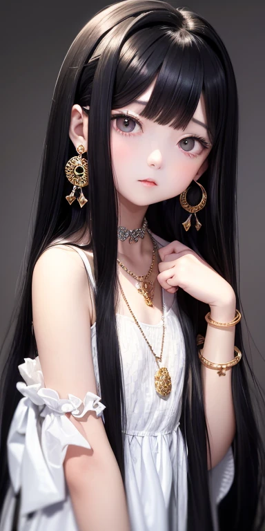 Top quality masterpiece illustrations、Black hair and black eyes、Wearing multiple necklaces、Wearing earrings and rings、Little girl in a white fancy dress looking up、Beautiful face with hair on the side long hair at the angle of the lower body is fair、Bright colors、More hair details、