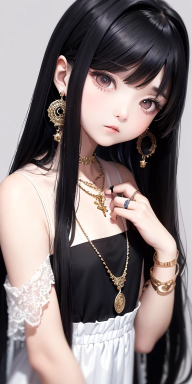 Top quality masterpiece illustrations、Black hair and black eyes、Wearing multiple necklaces、Wearing earrings and rings、Little girl in a white fancy dress looking up、Beautiful face with hair on the side long hair at the angle of the lower body is fair.。