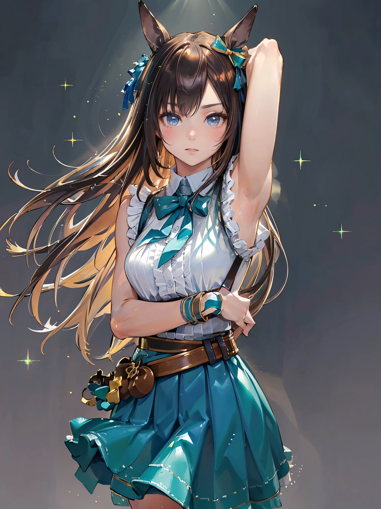 ((Armpit Show)),(masterpiece:1.2、highest quality)、(Beautiful eyes with attention to detail:1.2)、(Highly detailed CG Unity 8k wallpaper、masterpiece、highest quality、Ultra-detailed、Best Shadow)、(细致background)、(Beautifully detailed face、Beautiful and fine details)、High contrast、(Best lighting、Very delicate and beautiful)、One Girl、((透明なbackgroundに飛び散るカラフルなペイント、Dulux、))、Dynamic Angle、Beautiful sparkle in the details、Whole Body Ezbian、Cowboy Shot、Brown haired(length)、blue eyes、Beautiful Year、Uma Musume、White clothes、Green Skirt、Green ribbon(chest)、Laughter、background(Simple highlights)、明るいbackground、Light and Dark、Light shines in、null