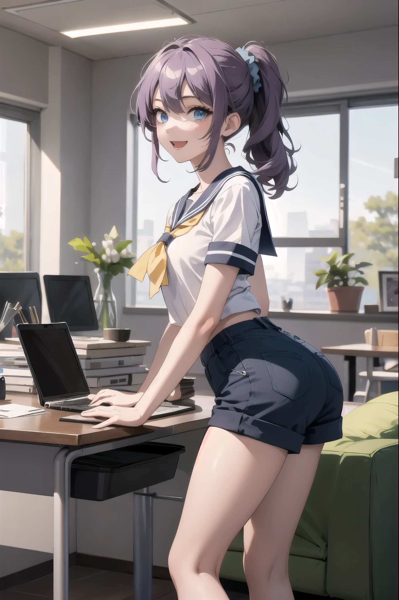 (masterpiece, highest quality:1.4), (Very detailed:1.2), {shape,Picturesque}, {Studio Light, Picturesque}, [Best Shadow],
(KonishiCSA)_(ShizumaCSA), (Alpha CDE:1.3)_(Gamma CDE:1.15),
break
(Perfect Anatomy), (Symmetrical eyes, Very detailed eyes, Beautiful Eyes), (Sharp eyeliner, Very detailed face, Beautiful Face), (blue eyes),
break
nice hands, Perfect hands, Guido Daniele,
break
1girl, alone,
break
Green leavesKC, (Green leaves) uniform, (white) serafuku, (hair) Scrunchie, (Lavender Blue) Sailor collar, (yellow) neckerchief, (Lavender Blue) Shorts, (black) Knee socks, shoes,
break
looking at viewer, Cowboy Shot, To the audience, smile, Open your mouth, (indoor, office, living room), (Hold the camera),
break
(From behind)
