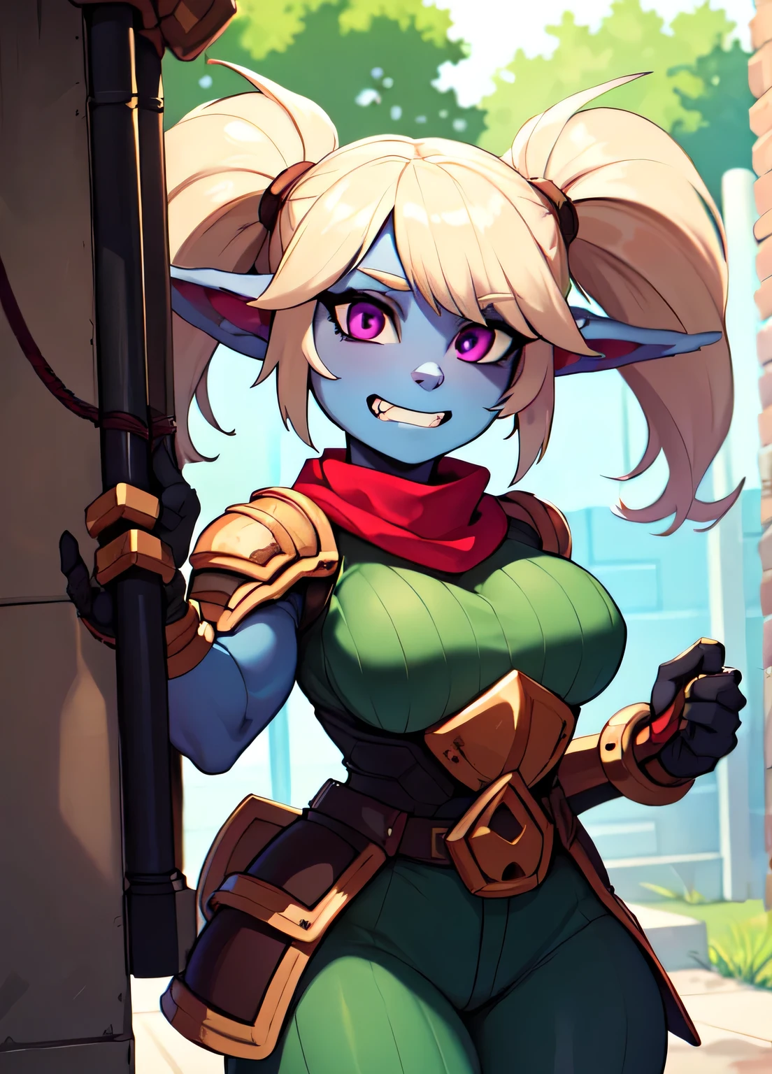 ((best quality)), ((highly detailed)), absurdres, extremely detailed face, beautiful face, (detailed eyes, deep eyes), (1woman), dynamic pose, cowboy shot, (poppy:1.1), yordle, blonde hair, twintails, magenta eyes, short, muscular,toned muscles,curvy, wide hips, ((colored skin, light blue skin)), large breasts, grin, armor, green pants:.3, scarf, (holding colossal battle mace), (outside, on a training yard)