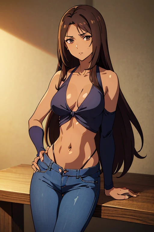 ((best quality)), ((masterpiece)), (detailed), perfect face, brown skin anime woman in a deep V-neck tied top, (bare shoulders), (jeans), (long hair), bad stomachache, (resting hands on the stomach), (hands on the stomach), (slim woman), (smooth and shiny skin)