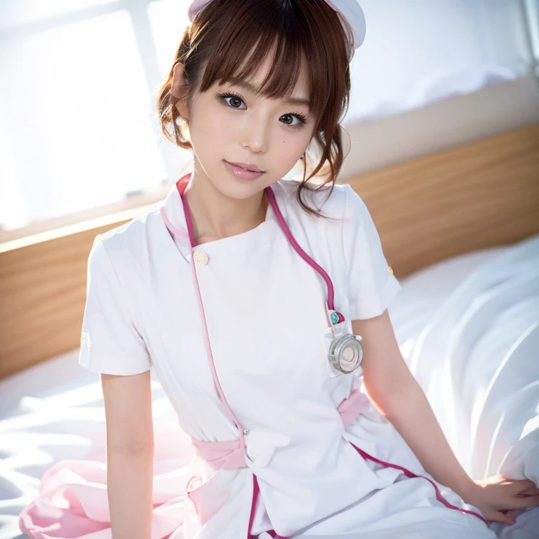 1 girl,(Wearing white nurse clothes:1.2),(RAW Photos, highest quality), (Realistic, photo-Realistic:1.4), masterpiece, Very delicate and beautiful, Very detailed, 2k wallpaper, wonderful, finely, Very detailed CG unity 8k wallpaper, Very detailed, High resolution, Soft Light, Beautiful detailed girl, Very detailed eyes and face, Beautiful and detailed nose, finely beautiful eyes, Perfect Anatomy, Black Hair, Upstyle, nurse uniform, ((nurse cap)), Long skirt, nurse, White costume, thin, hospital, clear, White Uniform, hospital room, Neck auscultation, ((Upper Body))