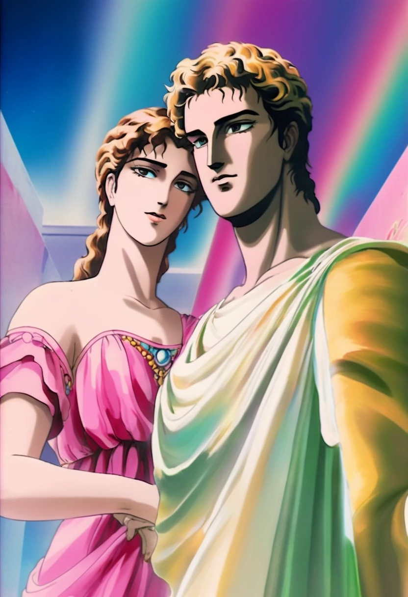 high quality realist authentic res anime vaporwave look piece very detailed with ancient early before early pre Roman latin very mediterranean look appearance having both italian man and woman-couple/lovers in their teens based on archaelogy hd high rez pre roman italy lush very luxuriant vivid bright full of life brilliant colors shades textures designs(masterpiece), withbest quality, expressive eyes, perfect face including all this also accurate to time place period with accurate ancient classical Italian dress/clothing.Accurate/realistic for BC Italy vivid bright vibrant lush luxurian high detailing.