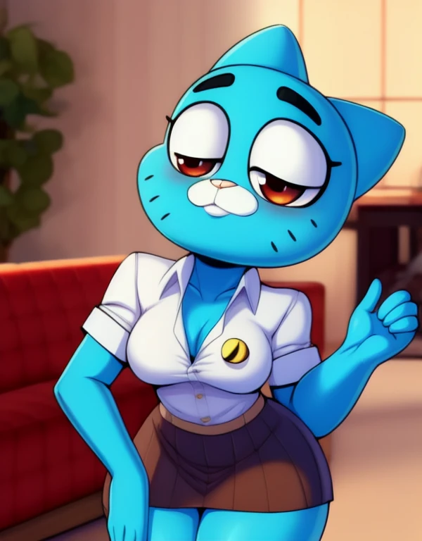 (8k) (high res) (best quality) (masterpiece) nicole_watterson, cat girl, cat ears, cat tail, furry female, blue fur, blue skin, white shirt, flat chest, living room, v , upper body, furry, furry female, cat, animal ears, cat ears, brown skirt, professional, uploaded on e621, by jinu, by avante 92, by miles df,