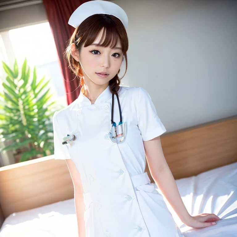 1 girl,(Wearing white nurse clothes:1.2),(RAW Photos, highest quality), (Realistic, photo-Realistic:1.4), masterpiece, Very delicate and beautiful, Very detailed, 2k wallpaper, wonderful, finely, Very detailed CG unity 8k wallpaper, Very detailed, High resolution, Soft Light, Beautiful detailed girl, Very detailed eyes and face, Beautiful and detailed nose, finely beautiful eyes, Perfect Anatomy, Black Hair, Upstyle, nurse uniform, ((nurse cap)), Long skirt, nurse, White costume, thin, hospital, clear, White Uniform, hospital room, Neck auscultation, ((Upper Body))