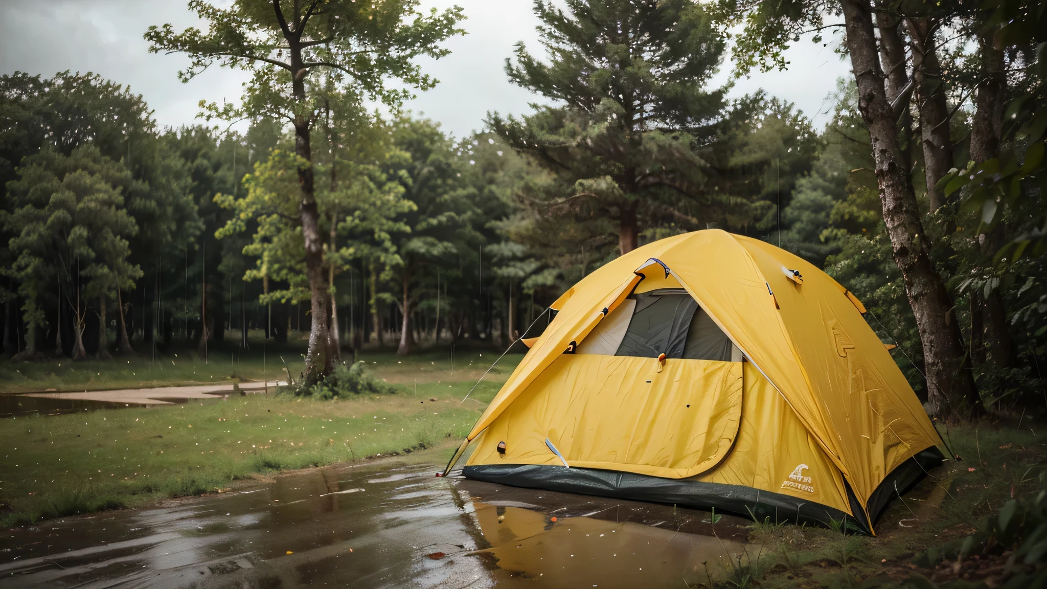 a yellow camping tent in the middle of a forest with trees around, on a rainy day, wet rain environment, with cloudy sky