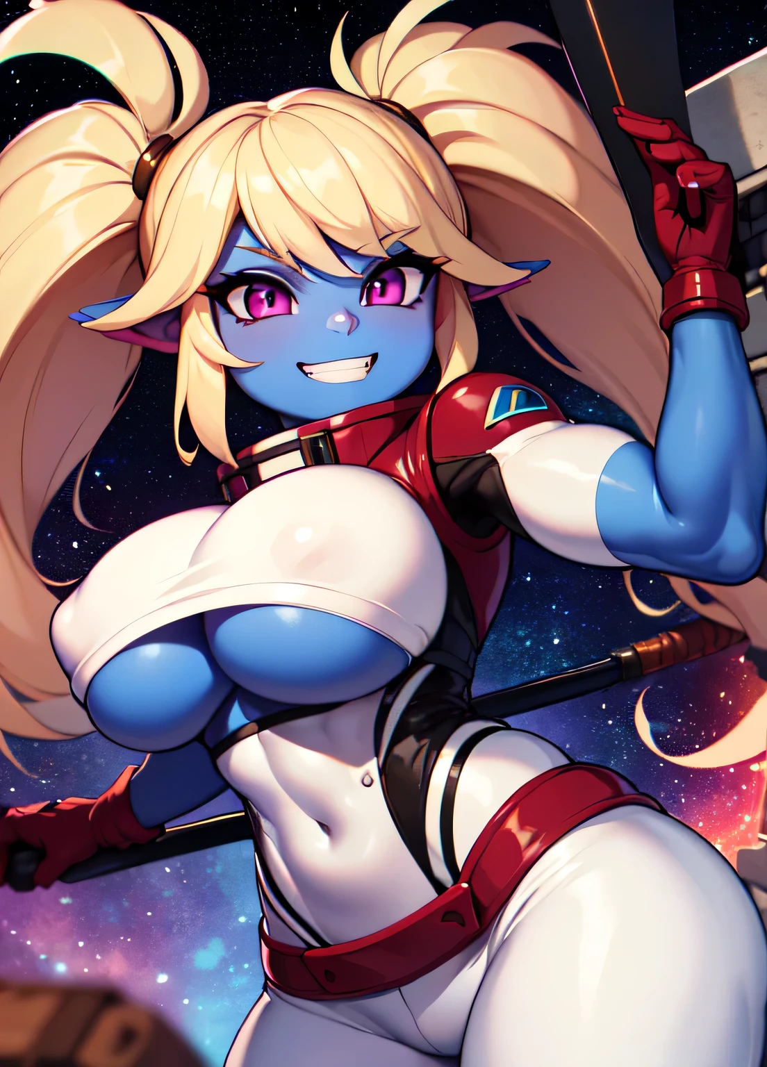 ((best quality)), ((highly detailed)), absurdres, extremely detailed face, beautiful face, (detailed eyes, deep eyes), (1woman), dynamic pose, cowboy shot, (poppy:1.1), yordle, blonde hair, twintails, magenta eyes, short, curvy,muscular,toned muscles, wide hips, ((colored skin, light blue skin)), large breasts, grin, spacesuit, white pants:.3, (holding colossal rocket-hammer), (inside, the ISS)