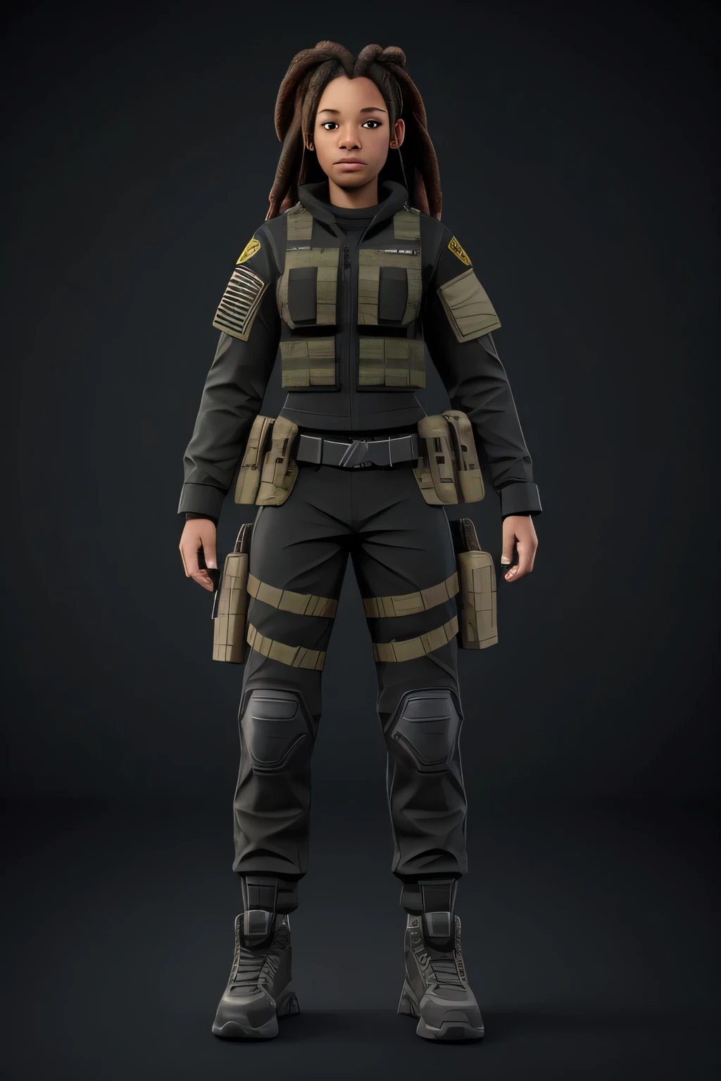 Dreadlocks, tacticool, all black clothing, female, game characters, base support