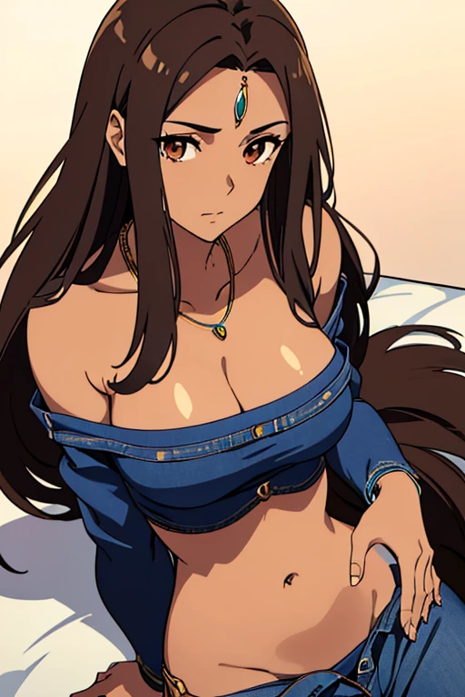 ((best quality)), ((masterpiece)), (detailed), perfect face, brown skin anime woman in a deep V-neck tied top, (bare shoulders), (jeans), (necklace), (long hair), stomach paining, (resting hands on the stomach), (hands on the stomach), (slim woman), (smooth and shiny shoulders), lying down