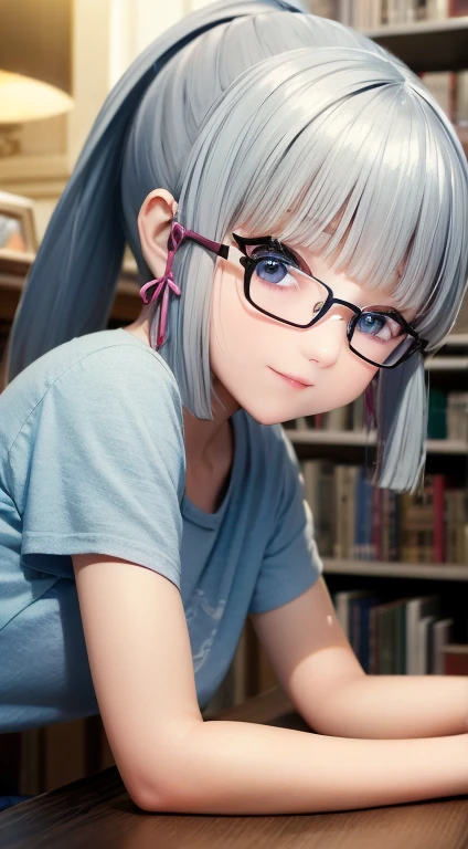 Best quality at best,tmasterpiece,Extremely Delicately Beautiful,The content is very detailed,CG,gatherings,8k wallpaper,An Astonishing,depth of fields,1 little Chinese girl,10 year old Chinese child,Very cute look,delicate skin,Flawless Face,plain face,white color hair,长长的white color hair,high ponytails,There are two strands of white hair on both sides of the ears,Wear pink hair accessories,Eye color is sky blue,Elaborate Eyes,Wear pink-rimmed glasses, Eyes sparkle,happy laughing,(Wear white half-sleeves,small), sitting down, Learn,intermittently, lying on the table, opened book,table light, intermittently, natta,in library, wall decorate, Mini library, glass window, wall clock, intermittently, 电影灯光, realistically, tmasterpiece, Best quality, Complex CG, The face is very detailed, High-detail eyes and body photosull Body photos