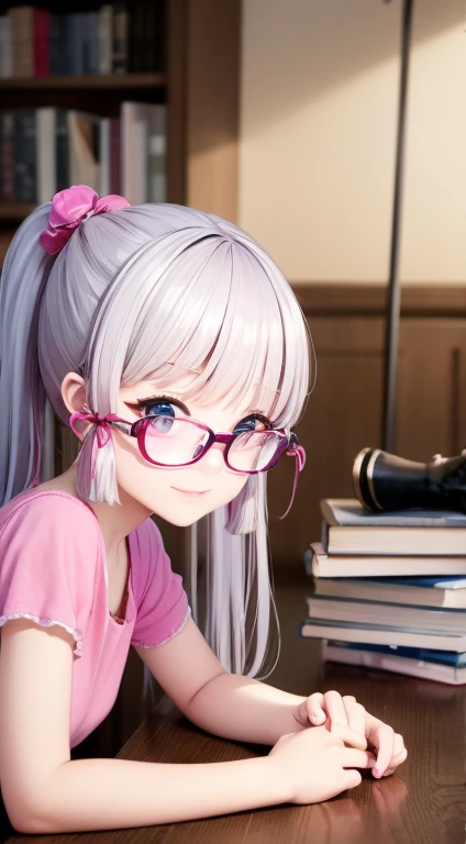 best quality at best，masterpiece，Extremely exquisite and beautiful，Very detailed content，CG，reunion，8k wallpaper，Surprisingly，Depth of Field，1 little Chinese girl，10-year-old Chinese ，Very cute appearance，Delicate skin，Flawless face，No makeup，White hair，长长的White hair，High Ponytail，There are two wisps of white hair on both sides of the ears，Wearing pink hair accessories，Eye color is sky blue，Exquisite eyes，Wear pink-rimmed glasses, Eyes sparkling，Laugh out loud，（Wear white short sleeves，small）, sit down, study，Intermittently, Lying on the table,  Open book,desk lamp, Intermittently, night，In the library, Wall decoration, Mini Library, Glass Windows, wall clock, Intermittently, Movie Lighting, Realistically, masterpiece, best quality, Complex CG, The face is rich in detail, High Detail Eyes and Body Photos Body Photos