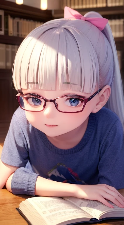 best quality at best,masterpiece,Extremely exquisite and beautiful,Very detailed content,CG,reunion,8k wallpaper,Surprisingly,Depth of Field,1 little Chinese girl,10-year-old Chinese ,Very cute appearance,Delicate skin,Flawless face,No makeup,White hair,长长的White hair,High Ponytail,There are two wisps of white hair on both sides of the ears,Wearing pink hair accessories,Eye color is sky blue,Exquisite eyes,Wear pink-rimmed glasses, Eyes sparkling,Laugh out loud,(Wear white short sleeves,small), sit down, study,Intermittently, Lying on the table, Open book,desk lamp, Intermittently, night,In the library, Wall decoration, Mini Library, Glass Windows, wall clock, Intermittently, Movie Lighting, Realistically, masterpiece, best quality, Complex CG, The face is rich in detail, High Detail Eyes and Body Photos Body Photos