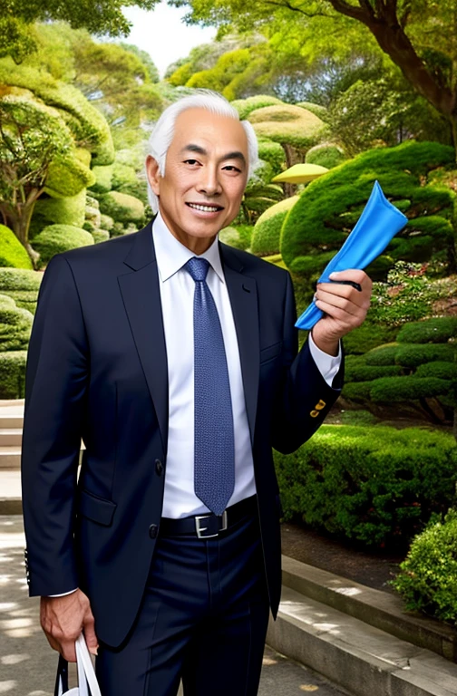 (vetor:1.4), Japanese businessman, gordinho e atarracado, de 66 anos, ex-jogador de rugby, com cabelo curto e barba curta, in a suit and tie and competitive white swim pants, sentado em um banco em um parque tranquilo., epic, realista, stroke art, Preto e branco,roupas detalhadas