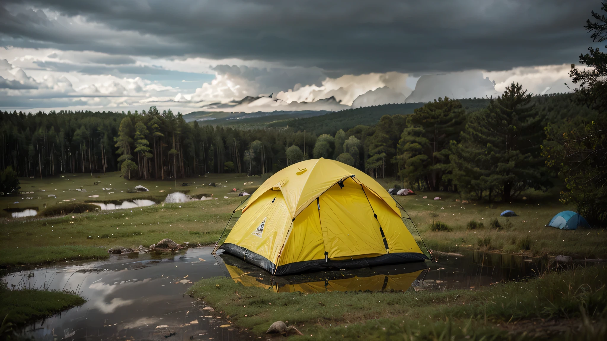 a yellow camping tent in the middle of a forest with trees around, on a rainy day, wet rain environment, with cloudy sky