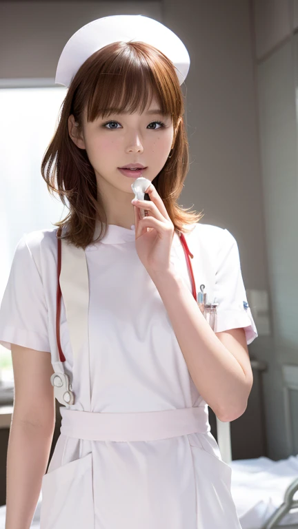 1 girl,(Wearing white nurse clothes:1.2),(RAW Photos, highest quality), (Realistic, photo-Realistic:1.4), masterpiece, Very delicate and beautiful, Very detailed, 2k wallpaper, wonderful, finely, Very detailed CG unity 8k wallpaper, Very detailed, High resolution, Soft Light, Beautiful detailed girl, Very detailed eyes and face, Beautiful and detailed nose, finely beautiful eyes, Perfect Anatomy, Black Hair, Upstyle, nurse uniform, ((nurse cap)), Long skirt, nurse, White costume, thin, hospital, clear, White Uniform, hospital room, Neck auscultation, ((Upper Body))