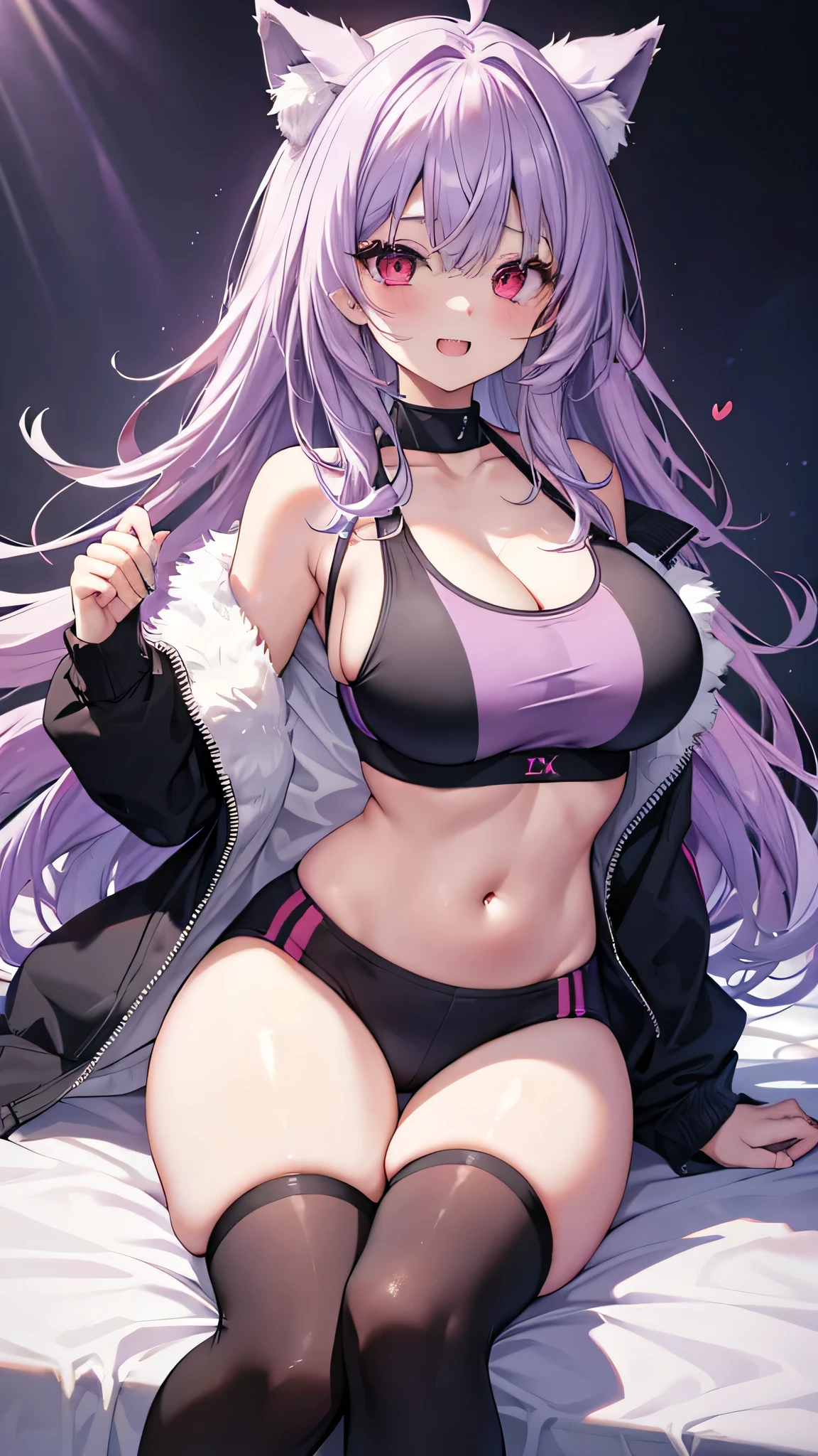 Wolf Girl, Large Breasts, Voluminous, messy, light purple hair, masterpiece , Red eyes, hd, Head to Chest, Put in your chest、 tooth、Double teeth,, On the bed、Thick thighs、Grinning、Sports Bra、Big Tits、Open your mouth、Jacket