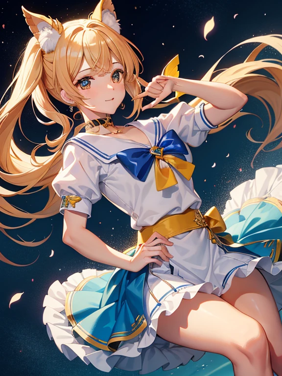 Sailor Moon Venus ，Sailor Suit，Orange Miniskirt ，The clothes are torn，Exposing breasts，Close your eyes，weak，Open your mouth slightly， painful expression，Long blond hair，Weaken the background， to reveal nipples，Random pose， 1 Girl , Scream，Close your eyes，Open mouth，Revealing two long white legs