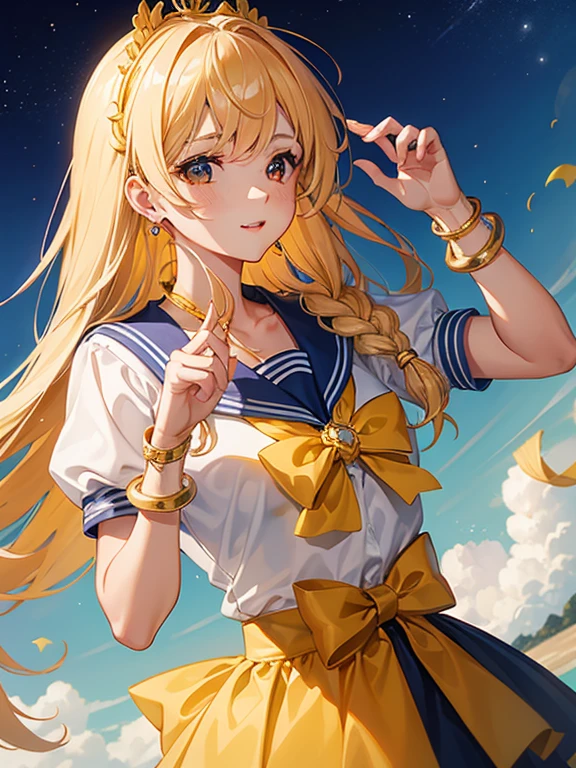 mejor calidad, ultra detallado, Obra maestra,1 chica, solo,sailorvenus, xsuperuniformx, (broche de corazon:0.3), gargantilla, anillo, lazo para el pelo , guantes, falda plisada, postura relajada, codos extendidos, de pie, rodillas , , muy avergonzado,montando un caballo