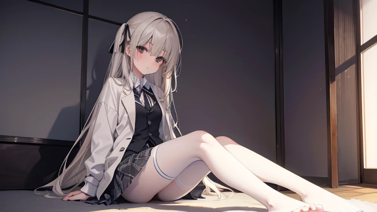 Kasugano Sora, 18 year old Japanese girl,Mature and slim figure, Slightly messy hair, Full body photo from head to toe, blush, Shy expression, Composition as seen from the front, Compose from slightly below, Front view sitting face to face, Legs spread in M shape, Black pantyhose, (Black pantyhose): 1.2), white underwear visible, Small Breasts, white underwear visible, No shoes, bedroom, In the room, daytime, Looking at the audience, , Frontal composition, Looking at the audience, Long legs, Slender thighs, Slender toes touch the floor, Short pleated skirt with plaid pattern on the soles, Hands hidden behind back, High suit jacket , High school girl