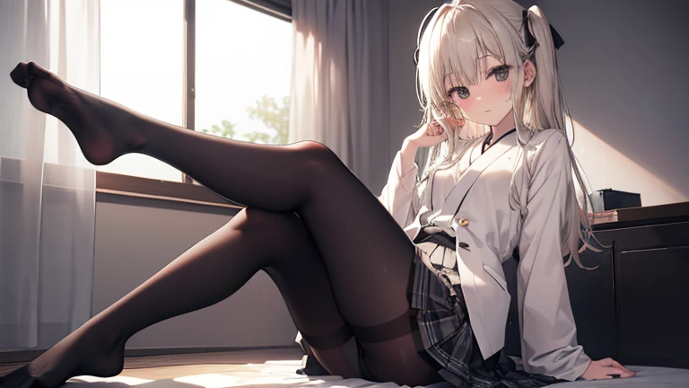 Kasugano Sora, 18 year old Japanese girl,Mature and slim figure, Slightly messy hair, Full body photo from head to toe, blush, Shy expression, Composition as seen from the front, Compose from slightly below, Front view sitting face to face, Legs spread in M shape, Black pantyhose, (Black pantyhose): 1.2), white underwear visible, Small Breasts, white underwear visible, No shoes, bedroom, In the room, daytime, Looking at the audience, , Frontal composition, Looking at the audience, Long legs, Slender thighs, Slender toes touch the floor, Short pleated skirt with plaid pattern on the soles, Hands hidden behind back, High suit jacket , High school girl