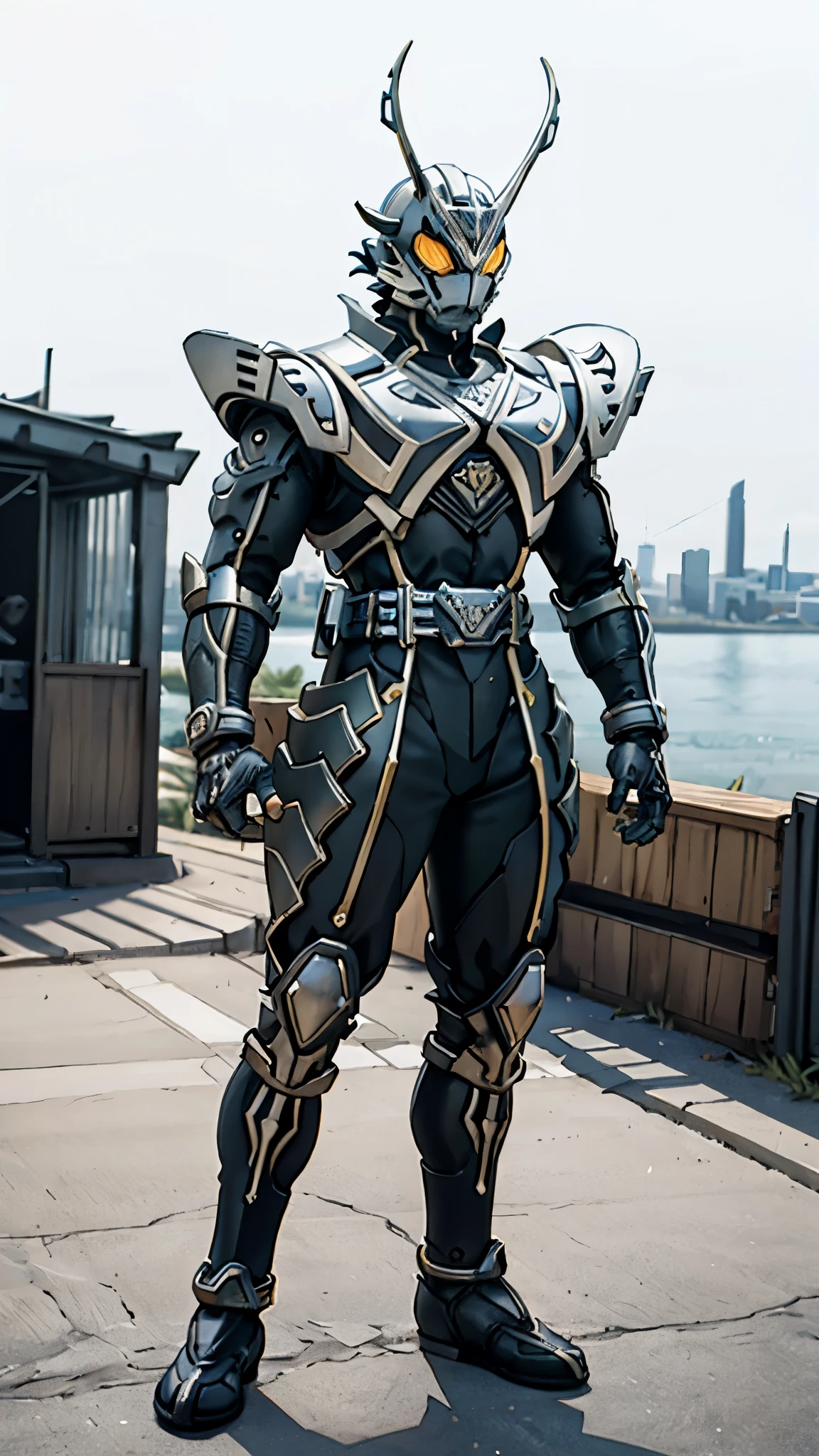 A man wearing a full-face helmet, a fantasy-style biomecha armored combat suit, green eyes, a composite layered chest armor, fully enclosed shoulder guards, matching arm and leg guards, the belt is adorned with dragon claw grasping orbs, primarily black with red accents, the design balances heavy with agility, a high-tech biological armor, concept inspired by dragons, stands on the skyscraper of a futuristic high-tech city, this character embodies a finely crafted fantasy-surreal style armored hero in anime style, exquisite and mature manga art style, ((male:1.5)), metallic, real texture material, dramatic, high definition, best quality, highres, ultra-detailed, ultra-fine painting, extremely delicate, professional, perfect body proportions, golden ratio, anatomically correct, symmetrical face, extremely detailed eyes and face, high quality eyes, creativity, RAW photo, UHD, 32k, Natural light, cinematic lighting, masterpiece-anatomy-perfect, masterpiece:1.5