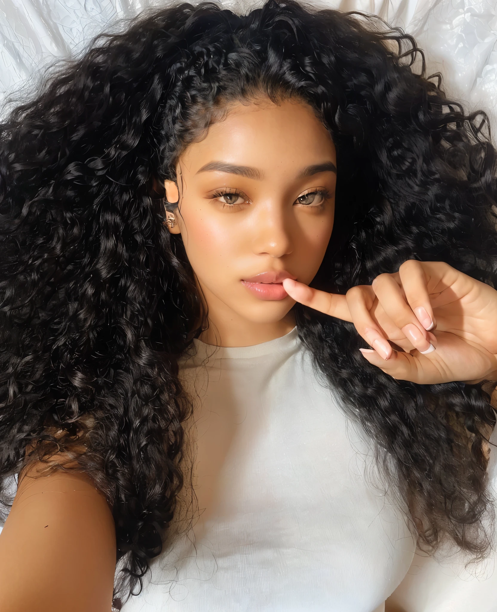 there is a woman with long curly hair holding a finger up to her lips, long black curly hair, black long curly hair, long wild black curly hair, black curly hair, long curly black hair, wavy hair spread out, with textured hair and skin, long dark curly hair, curly black hair, curly haired, long afro hair, long curly hair, curly