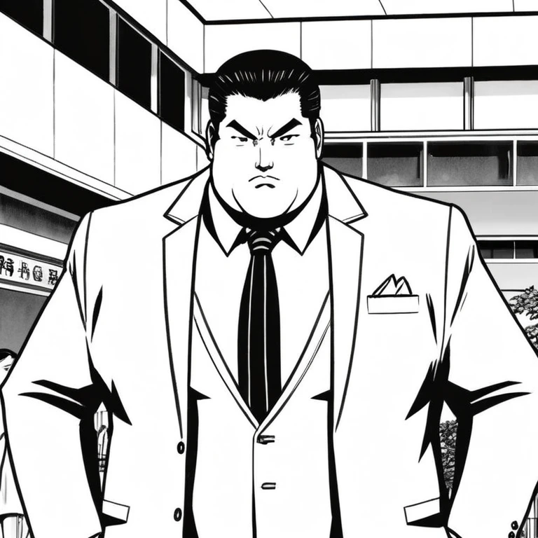 manga style art of In black and white 2d comic book drawing Only plump, chubby, extremely thick thighs, large belly, Japanese businessman, gordinho e atarracado, de 66 anos, ex-jogador de rugby, com cabelo curto e barba curta, in a suit and tie and competitive white swim pants, sentado em um banco em um parque tranquilo., vibrante, energia alta, detalhado, Iconic, Japanese comic style, manga