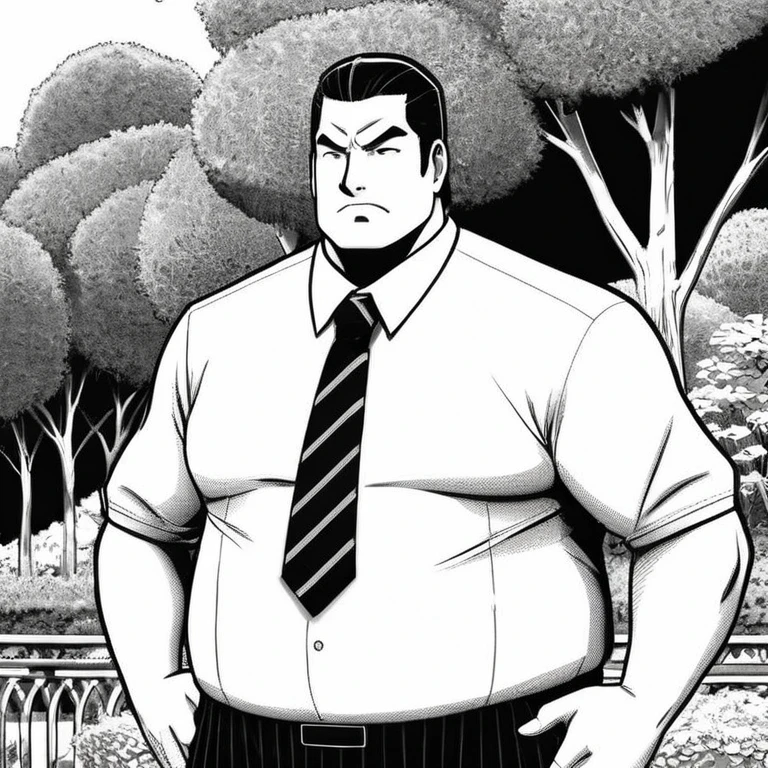 manga style art of In black and white 2d comic book drawing Only plump, chubby, extremely thick thighs, large belly, Japanese businessman, gordinho e atarracado, de 66 anos, ex-jogador de rugby, com cabelo curto e barba curta, in a suit and tie and competitive white swim pants, sentado em um banco em um parque tranquilo., vibrante, energia alta, detalhado, Iconic, Japanese comic style, manga