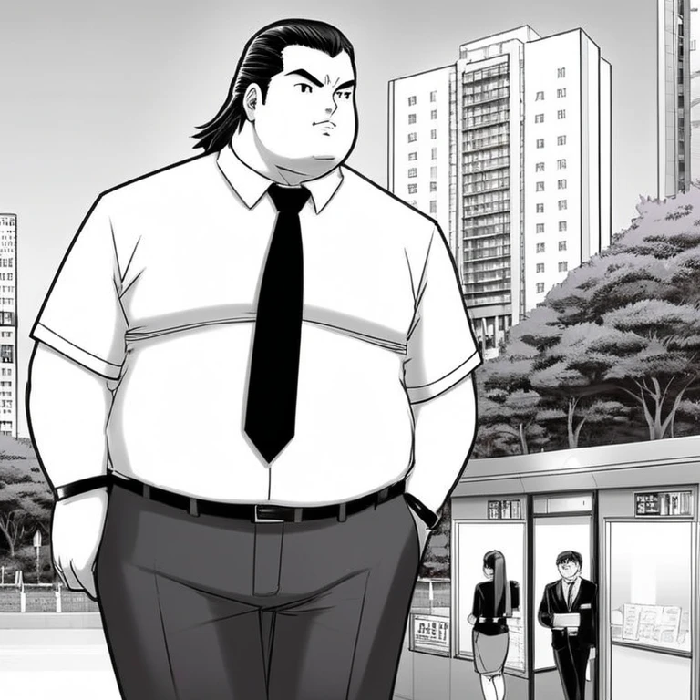 manga style art of In black and white 2d comic book drawing Only plump, chubby, extremely thick thighs, large belly, Japanese businessman, gordinho e atarracado, de 66 anos, ex-jogador de rugby, com cabelo curto e barba curta, in a suit and tie and competitive white swim pants, sentado em um banco em um parque tranquilo., vibrante, energia alta, detalhado, Iconic, Japanese comic style, manga