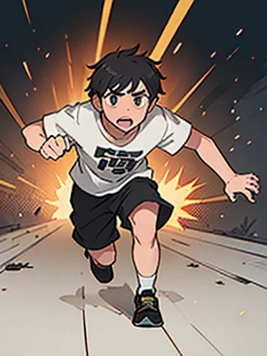 15 Year old, boy, black hair, white T-Shirt, Black Joggers, surprised and scared expression, half falling over, running towards camera, large explosion behind him, inside a supermarket