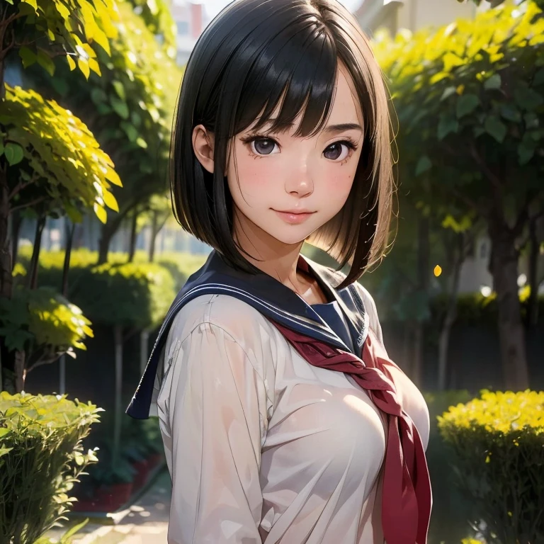 (kawaii 24 year-old Japanese girl, Nogizaka idol, Korean idol), (glossy black hair, medium bob cut, bangs:1.3), (deep black eyes, rounded face, single eyelid, no makeup, soft smiling:1.2), (wearing Japanese highschool uniforms, sailor suits, serafuku:1.3), (extra small breasts:0.9), (looking at camera:1.2), BREAK, (at a garden in the school , summer daytime:1.3), (dynamic angle, bust shot:1.3), BREAK, (masterpiece, best quality, photo realistic, official art:1.4), (UHD, 8K quality wallpaper, high resolution, raw photo, golden ratio:1.3), (shiny skin), professional lighting, physically based rendering, award winning, (highly detailed skin, extremely detailed face and eyes), Carl Zeiss 85 mm F/1.4, depth of field, 1girl, solo,