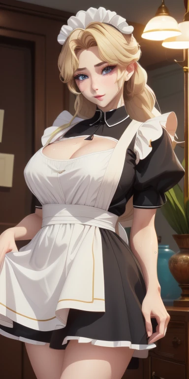 (masterpiece), best quality, Super detailed, Perfect hands, Perfect legs, Delicate eye expression, 1 girl alone,, whole body,maid(Black, Mini skirt),maid headdress, skirt lift,  In the middle of the night, Living room hallway(hidden, Only candles are glowing), walk,,Squint your eyes, Smile, Large Breasts. (((Cleavage)))8k, Super detailed, fair and aesthetic, high quality, fair, masterpiece, best quality, permanent, lean forward, Glowing skin, Sticking out tongue of mouth, blush, Sexy body, Definition, Perfect eyes, Sticking out tongue, blush, Strabismus,（with tears in eyes, Saliva residue）, The hem of the skirt is wet, Brushed, photography, 8k, HDR, high resolution, absurd:1.2, Kodak Portrait 400, Film Grain, Blurred background, Bokeh:1.2, lens flare, (Energetic_color:1.2),专业photography师