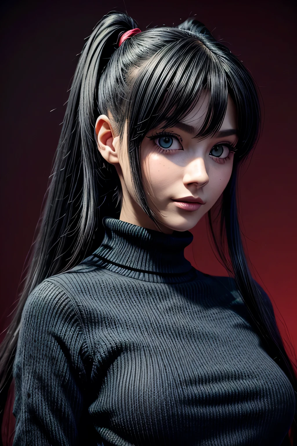 1;garota Tohsaka Rin,solo cabelo preto longo , red sweater , olhando para mim, happy smile expression, olhando para o espectador fundo azul, cabelo preto fundo simples dois lados para cima ,gola alta ,olhos azuis, lips closed mouth,fita de cabelo franja ,high collar sweater,parte superior do corpo , Distributed range ,fita preta ,Twintail ribbed sweater, nariz perfeito,pele bem detalhada,(((obra-Prima 3d)))