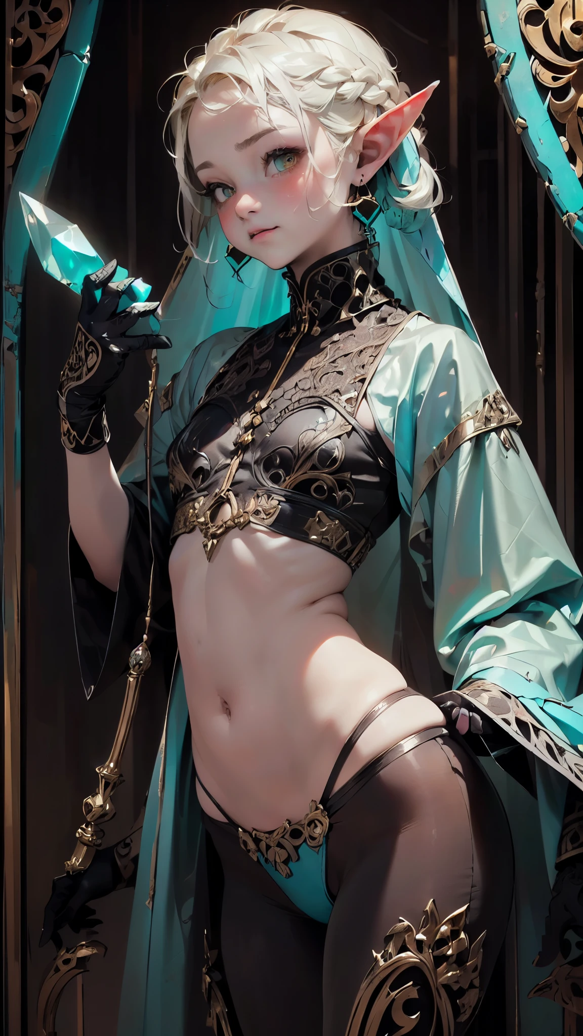 1,(1girl:1.5), very beautiful13--old:,teenager,femboy,Libido girl,Female physiognomy,elf,(elf ears), (blonde archer), little (little girl,gd,kid only,,1boy,male gender))), ((blonde hair:1.5,short detailed hair,short blonde hair with a braid,braid adorned with white flowers)),(((turquoise_eyes:1.3))),intricate eyes,beautiful detailed eyes,symmetrical eyes,big eyes:1.5,'s chest,((kid body,a little chubby,good anatomy,accurate body proportions,detailed shota body for young boy:1.3,))), Happy,(nsfw), ((silk)),(bandages on his hand, moon earrings),((silk panties)),(tiny bulge on panties),(ornamental bandages on his chest and arms),(((tramsparent clothes:1.5,intricate outfit,intricate clothes))), (dynamic pose:1.0),embarrassed,(centered,scale to fit dimensions,Rule of thirds), (( huge crystal transparent montain, sun, crystal forest, transparent crystal flowers, kundalini, ancient source energy, universe, galaxy, crystal planet)),scenery:1.25,((intricate scenery)), thick thighs, wide hips,cheeky panties, (Glossy silk ornaments),highres,sharp focus,(ultra detailed,extremely detailed),(photorealistic artwork:1.37),(extremely detailed CG unity 8k wallpaper),(((vibrant colors,vibrant theme))),(intricate),(masterpiece),(best quality),artistic photography,(photography taken by sldr),(intricate background),perfect rendered face,perfect face details,realistic face,photo realistic,analog style,((intricate detail)),(((realism))), (nsfw:0.55), ((flat chested, flat stomach, baby face)), (((vibrant colors))),((3d)), (intense colors)
