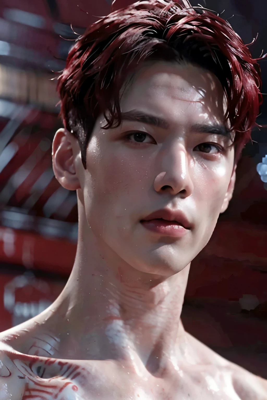 (8k, RAW photo, best quality, masterpiece:1.2), (realistic, photo-realistic:1.4), ultra-detailed, (high detailed skin:1.2), (asian) pale skin, blushing red makeup, white and red hair, handsome 1man,  