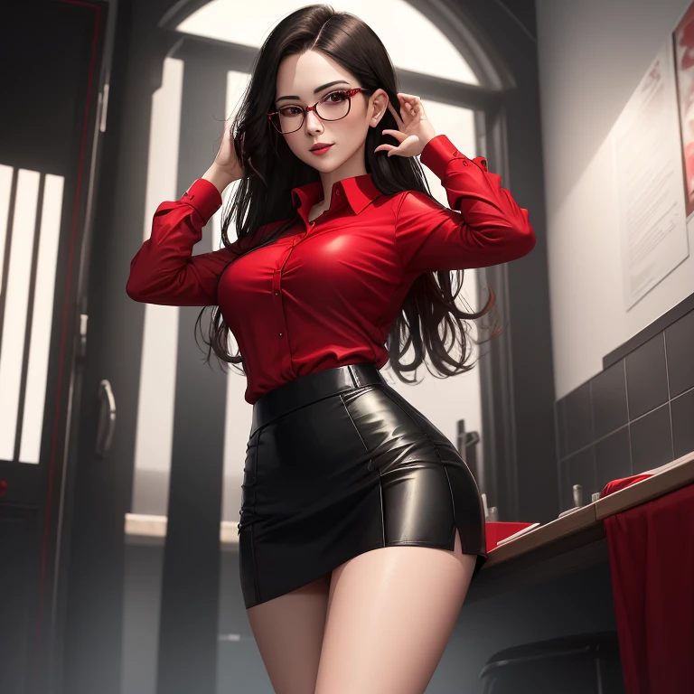 Aesthetic sexy wet short skirt red shirt black short skirt black stockings long hair glasses hands raised