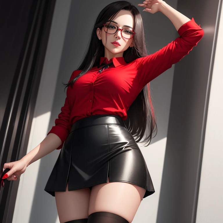 Sexy aesthetic wet short skirt red shirt short black skirt black stockings long hair glasses hands raised