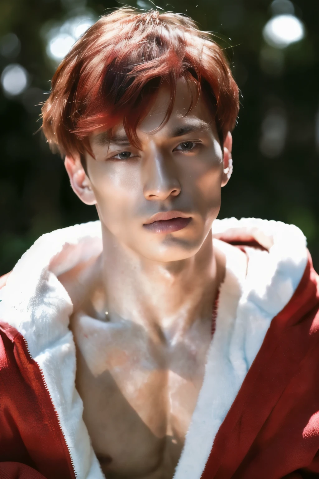 (8k, RAW photo, best quality, masterpiece:1.2), (realistic, photo-realistic:1.4), ultra-detailed, (high detailed skin:1.2), (asian) pale skin, white and red hair, handsome 1man,