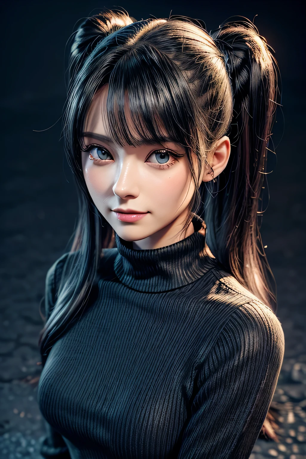 1;garota Tohsaka Rin,solo cabelo preto longo , red sweater , olhando para mim, happy smile expression, olhando para o espectador fundo azul, cabelo preto fundo simples dois lados para cima ,gola alta ,olhos azuis, lips closed mouth,fita de cabelo franja ,high collar sweater,parte superior do corpo , Distributed range ,fita preta ,Twintail ribbed sweater, nariz perfeito,pele bem detalhada,(((obra-Prima 3d)))