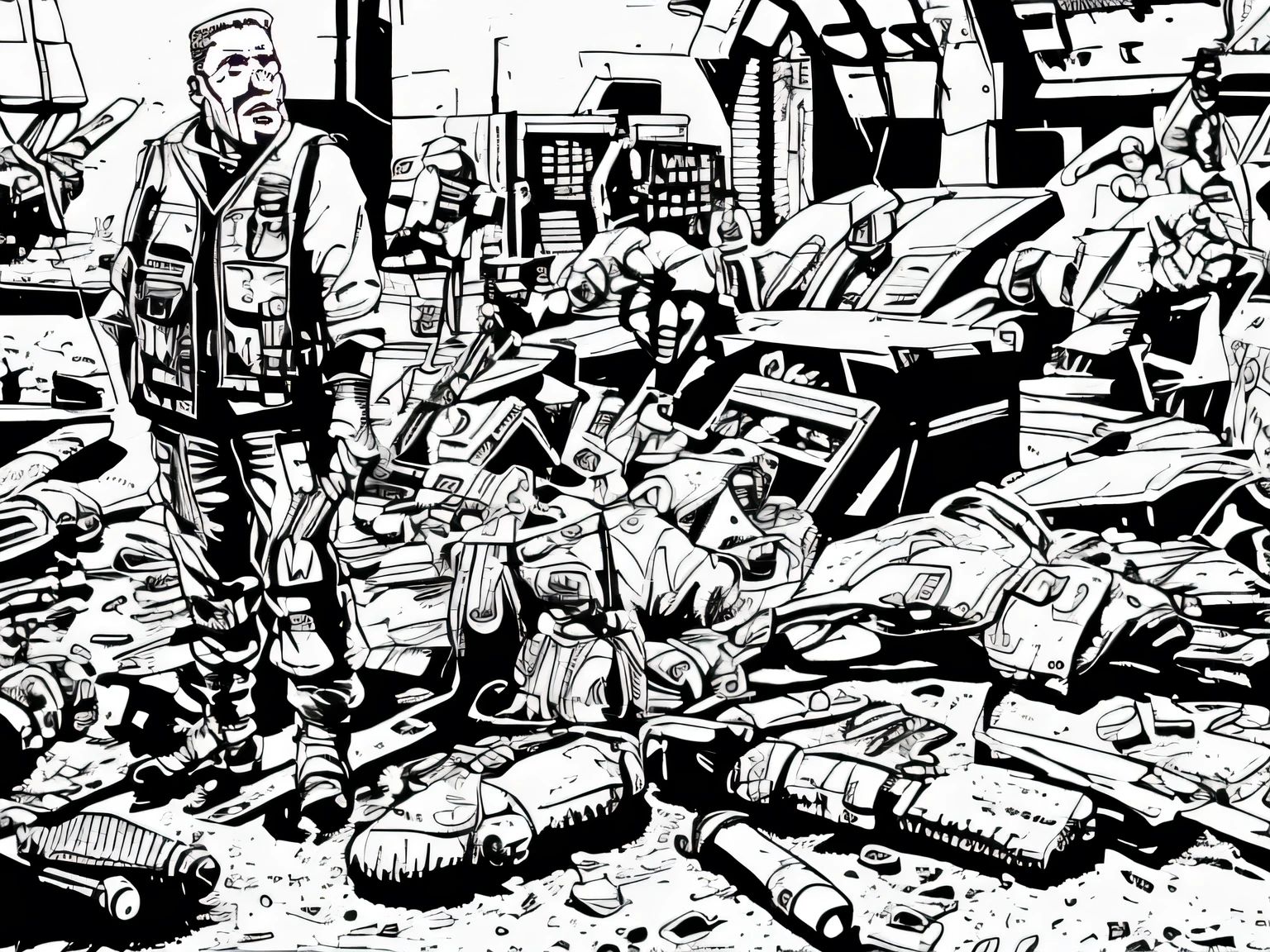 ((1 man, grey scale)), ballistic vest, sci-fi, pistol, tools, wrench, weapons, suit, speaking, worn out, steiner