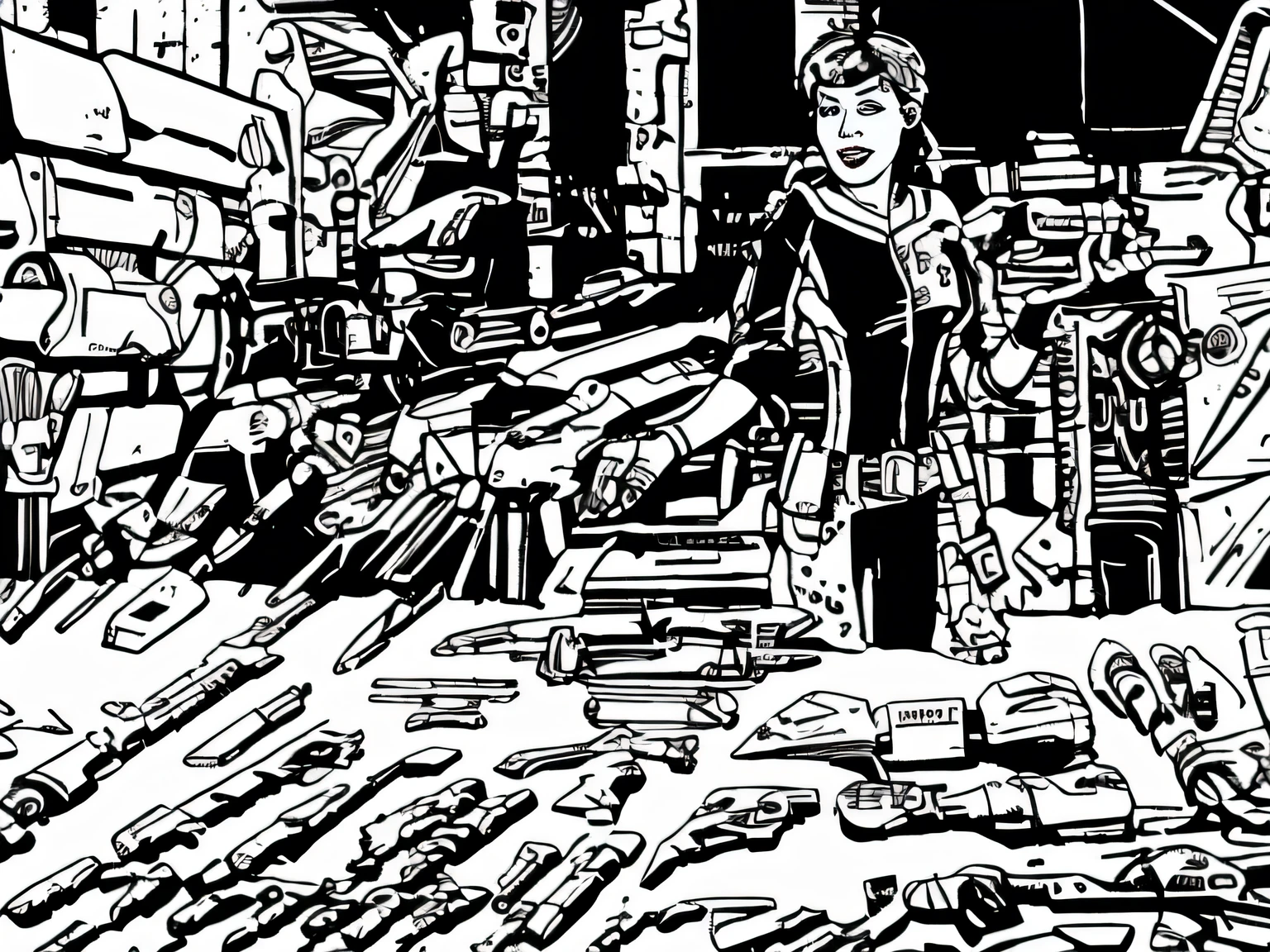 AllOldRPGArtS1 a tattooed woman in bikini in a sci-fi dungeon gun in hand