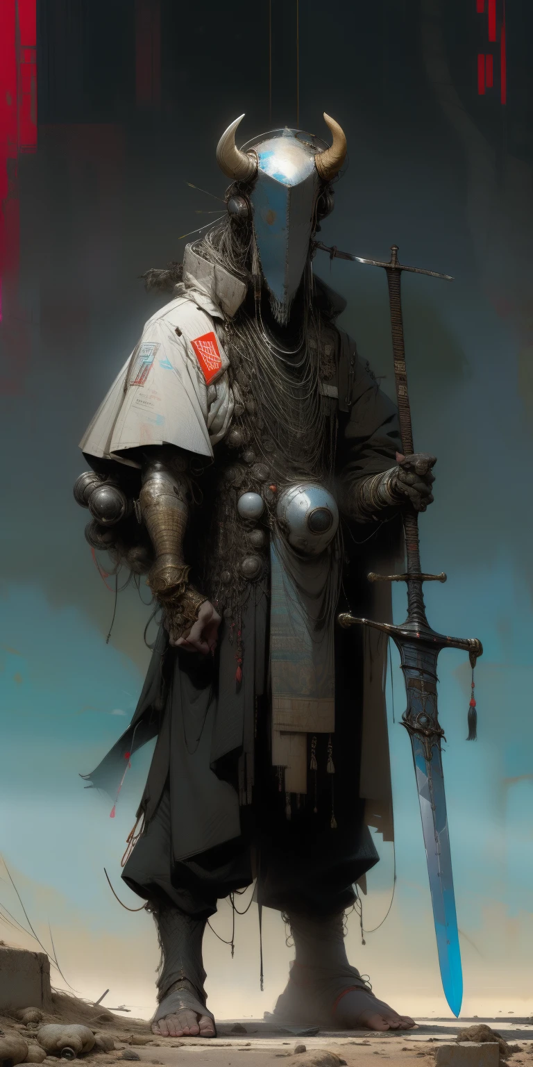 perfect proportions, anatomically correct, (head to toe: 2.0), (full body image: 2.0), solo, (Casshern: 1.6), extremely stylized, deviant art, masterpiece, highly detailed, detailed eyes, expressive detailed eyes, detailed pupils, futuristic, ((bull head)), ((pointy helmet)), Rubber Gloss, (flightsuit:1.4), big boots, entire body image, full body shot, nvinkpunk, professional photograph of alexander_skarsgard, tassles, large beads, (large tassels), cyberpunk, inkpunk, paint platter, ink splatter, (action pose:1.0), ((holding a sword))