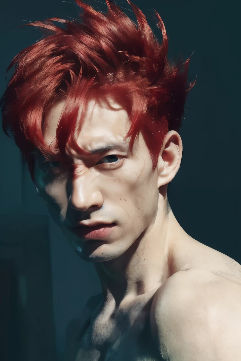 (8k, RAW photo, best quality, masterpiece:1.2), (realistic, photo-realistic:1.4), ultra-detailed, (high detailed skin:1.2), (asian) pale skin, white and red hair, handsome 1man,