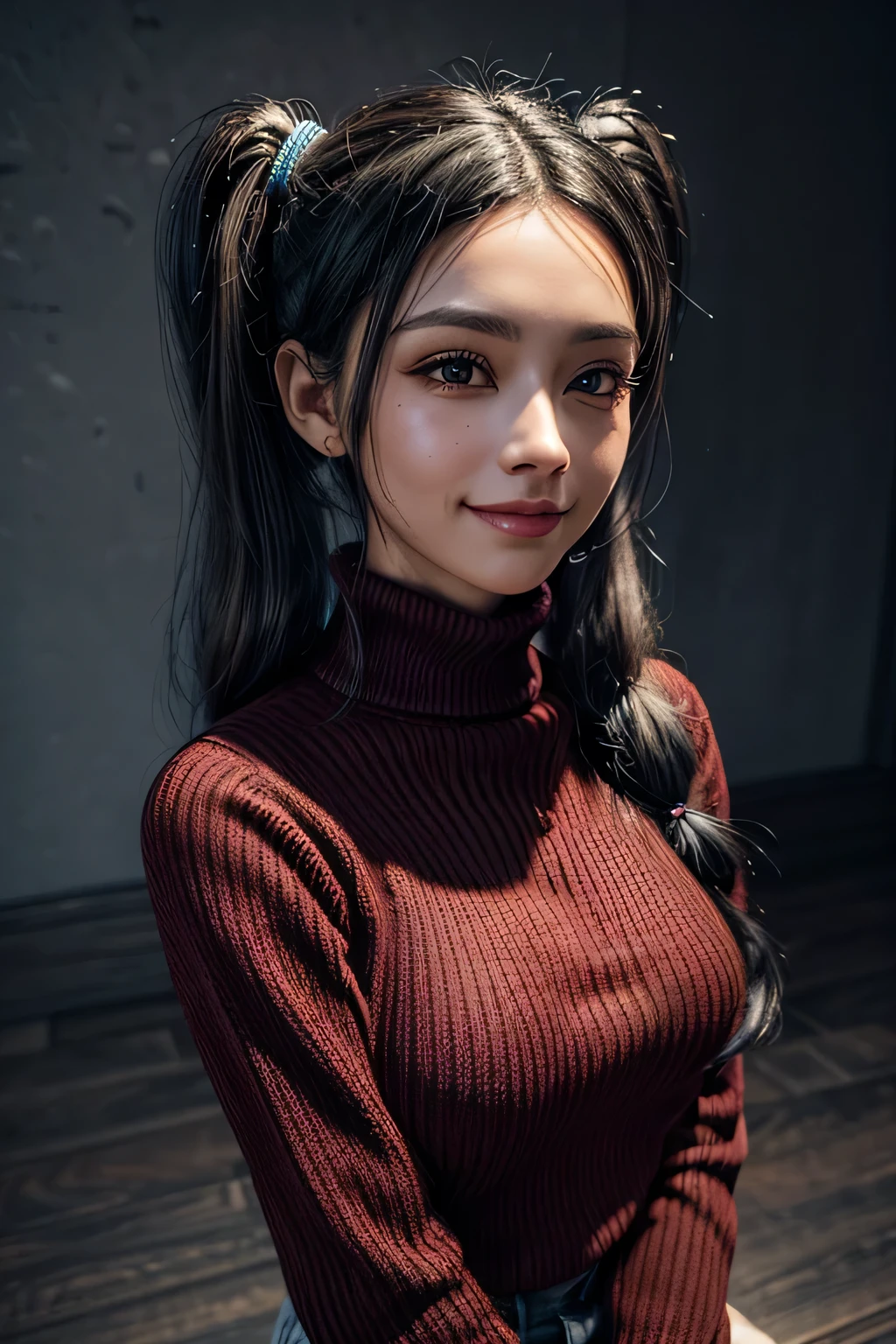 1;garota ,solo cabelo preto longo , red sweater , olhando para mim, happy smile expression, olhando para o espectador fundo azul, cabelo preto fundo simples dois lados para cima ,gola alta ,olhos azuis, lips closed mouth,fita de cabelo franja ,high collar sweater,parte superior do corpo , Distributed range ,fita preta ,Twintail ribbed sweater, nariz perfeito,pele bem detalhada,(((obra-Prima 3d)))