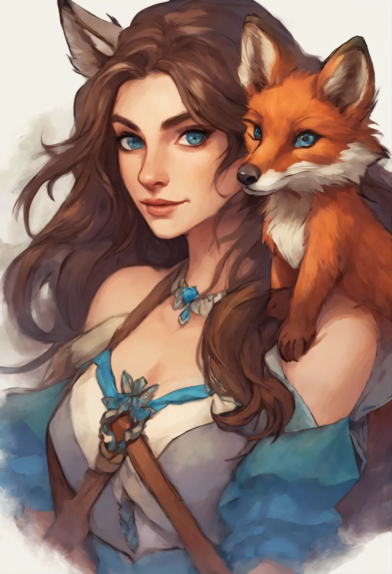 Brunette half-elf ranger with blue eyes in huntress outfit with a bow accompanied by a red fox
